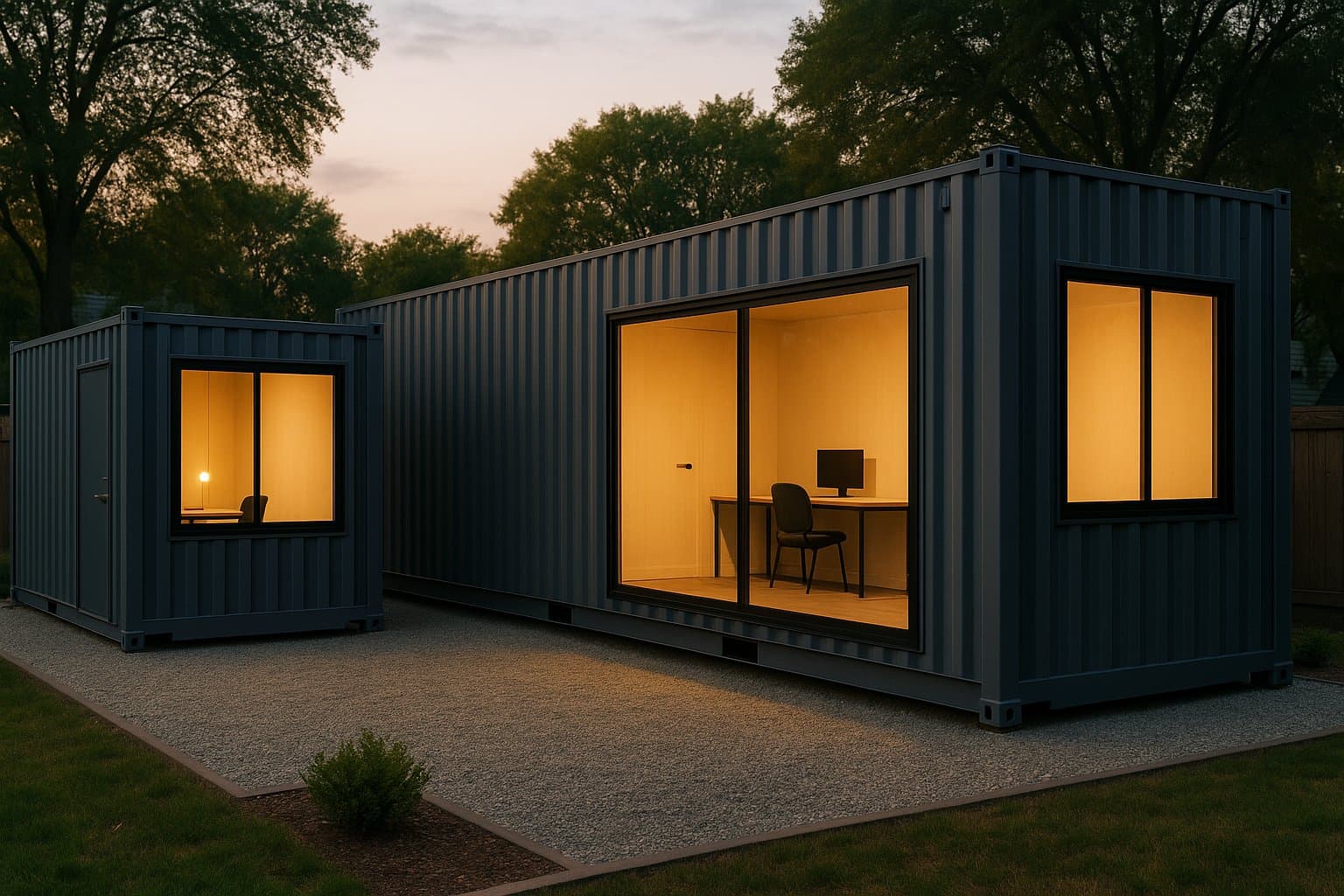 A 20ft and a 40ft shipping container side by side converted into backyard home offices with large windows and warm interior lighting