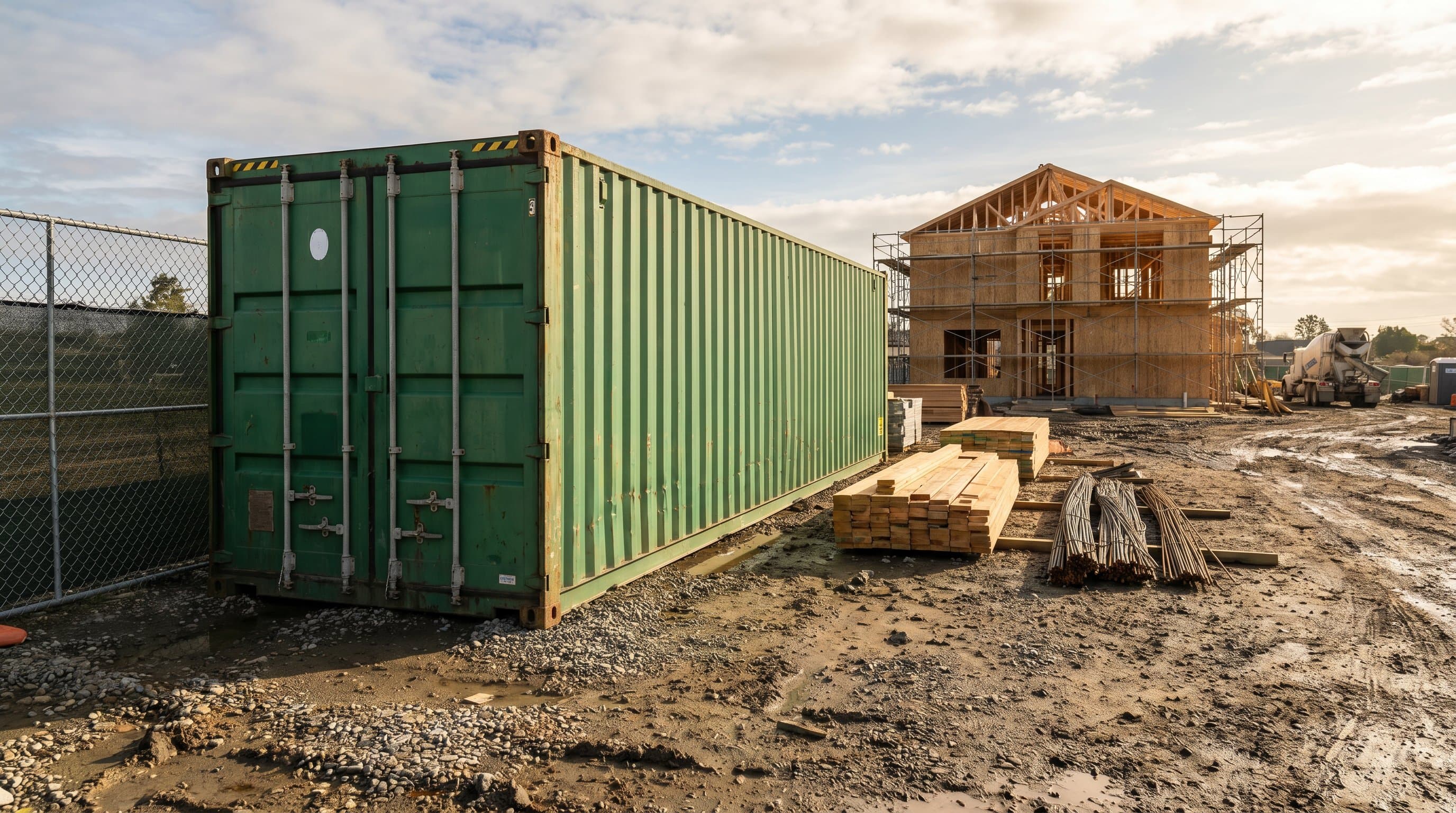 A shipping container on an active construction jobsite providing secure on-site storage