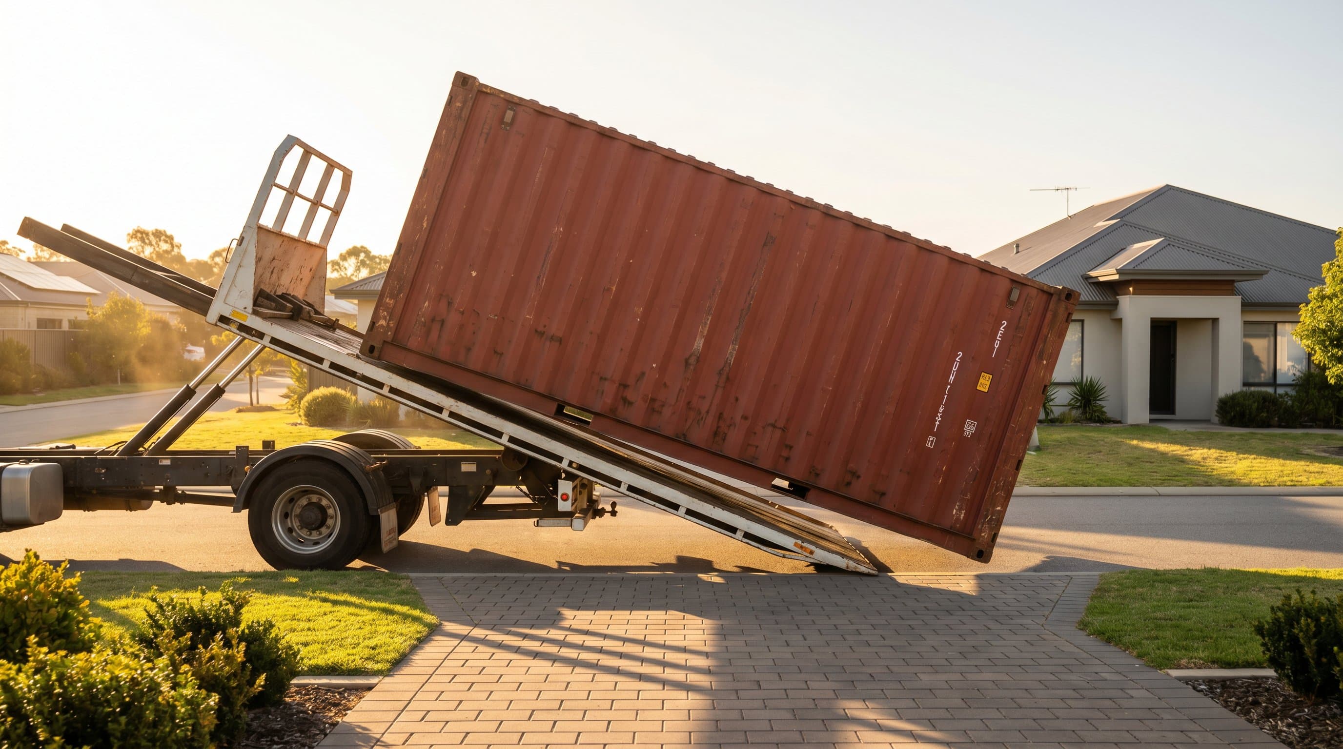 Tilt-bed flatbed truck lowering a shipping container onto a residential driveway at golden hour
