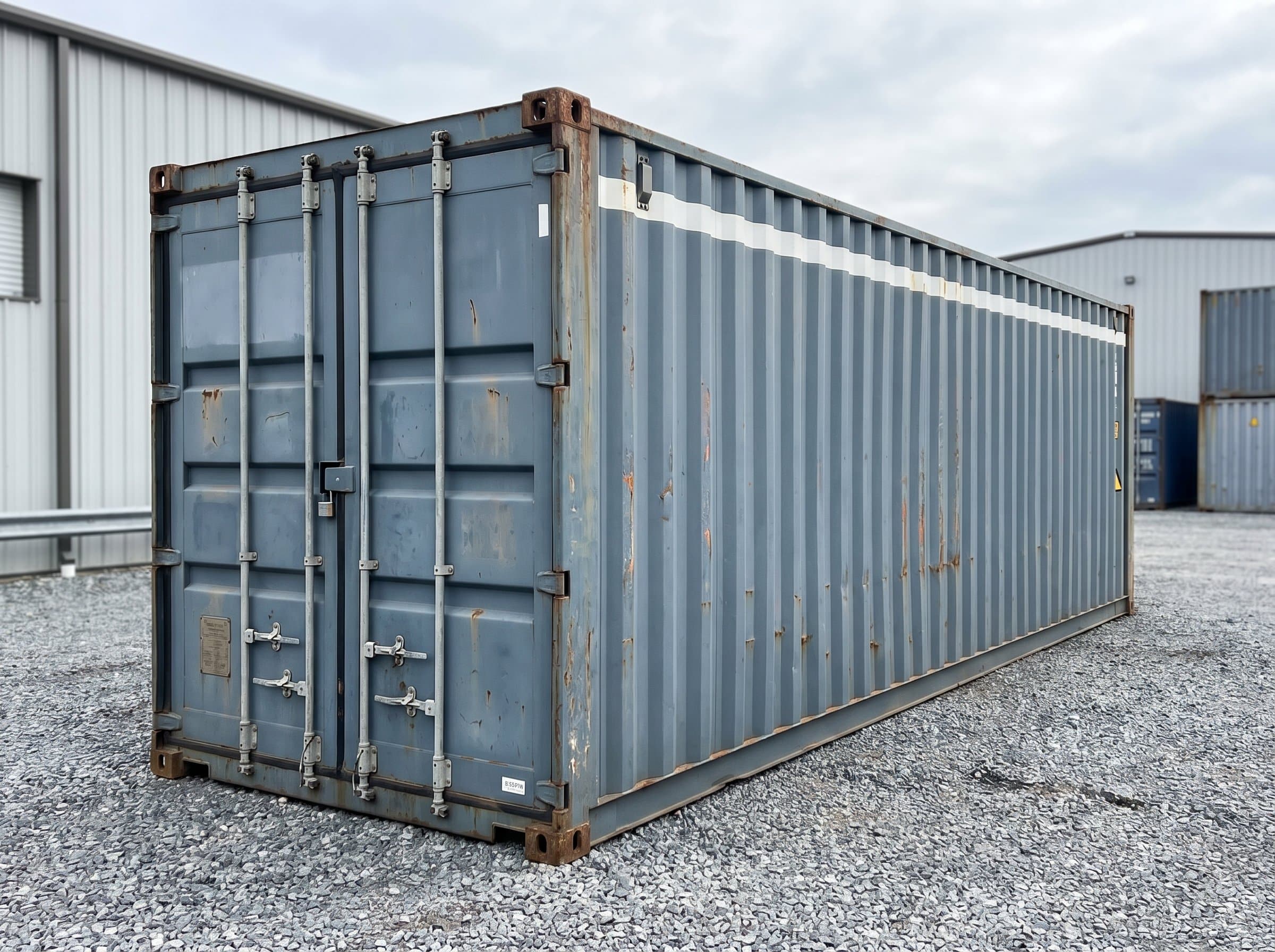 40ft high-cube used wind-and-watertight shipping container in weathered slate blue-grey, white high-cube stripe, cargo doors closed