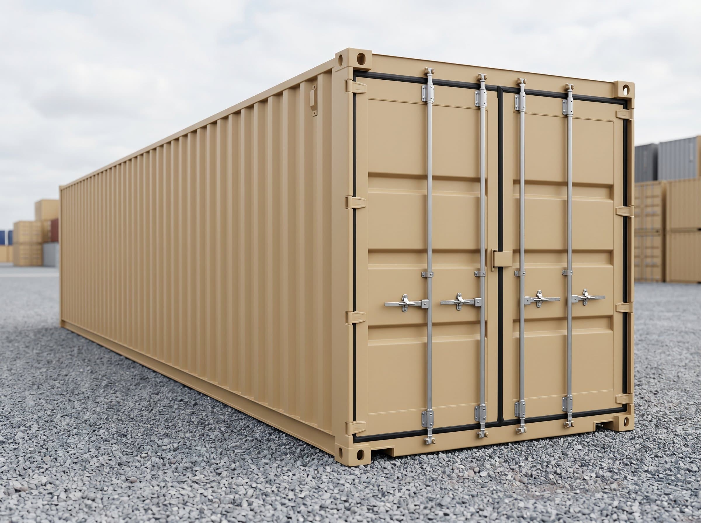 Pristine brand-new 40ft one-trip shipping container in factory beige tan, cargo doors closed, at a commercial depot